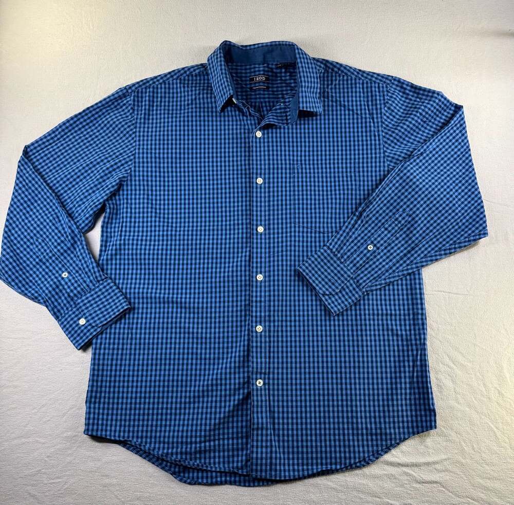 IZOD Long Sleeve Button Down Shirt Blue Gingham Plaid Cotton